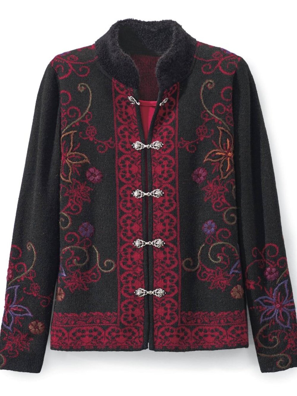 Jacquard & Embroidered Alpaca Cardigan, Metal Closures, Stand Collar